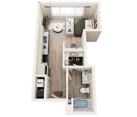 A top-down view of a small, neatly organized apartment with a kitchen, living room, and bathroom.