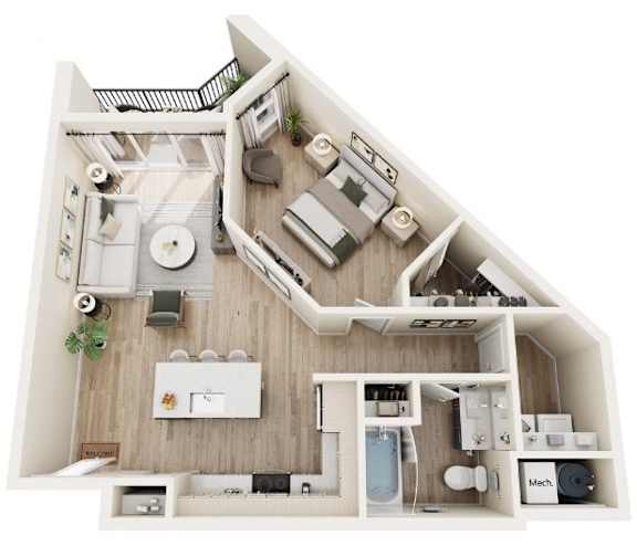 A detailed 3D floor plan of a small apartment with a kitchen, living room, and bathroom.
