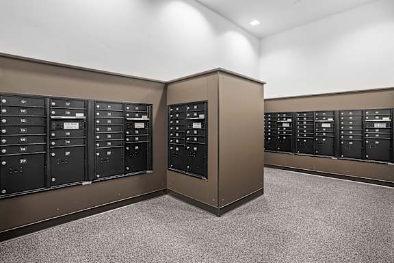 A room with a carpeted floor and a wall of mailboxes.