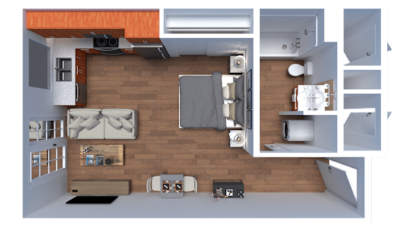 a birds eye view of a room with a bedroom and a living room