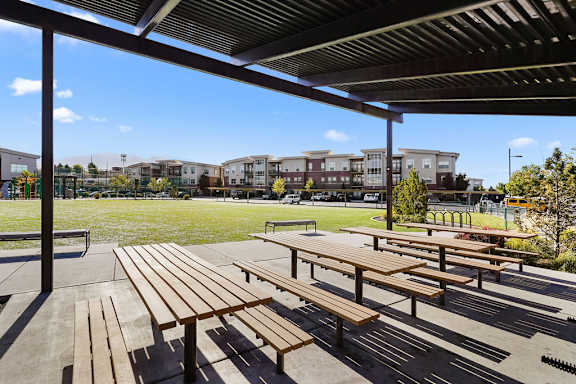 A park with benches and a view of apartment buildings.