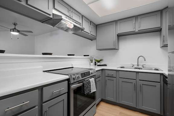 A modern kitchen with a stove top oven and a fan.