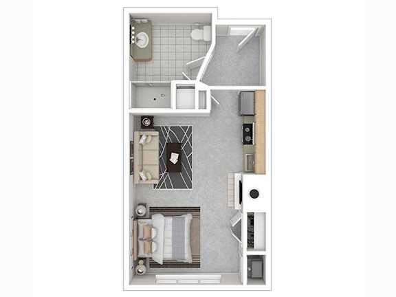 Floor Plan  A floor plan of a small apartment with a kitchen, living room, and bathroom.