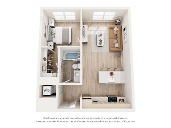 A 3D floor plan of a small apartment with a kitchen, bathroom, and bedroom.