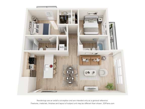 A 3D floor plan of a house with a kitchen, living room, and bathroom.