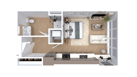 A top-down view of a small apartment layout with a kitchen, living room, and bedroom.