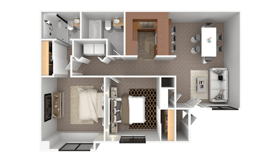 a rendering of a bedroom with a bathroom and a living room