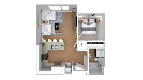 A 3D floor plan of a small apartment with a kitchen, living room, and bedroom.