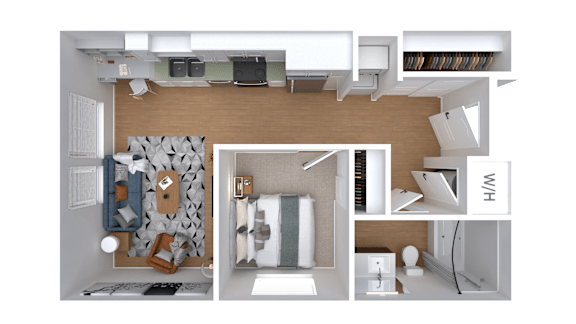 A top-down view of a modern apartment layout with a living room, kitchen, and bathroom.