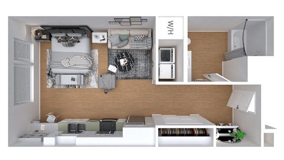 A top-down view of a small, neatly organized apartment with a bed, desk, and kitchenette.
