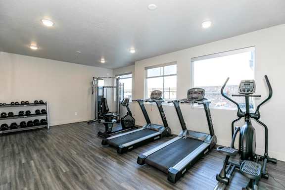 A gym with treadmills, weights, and exercise equipment.