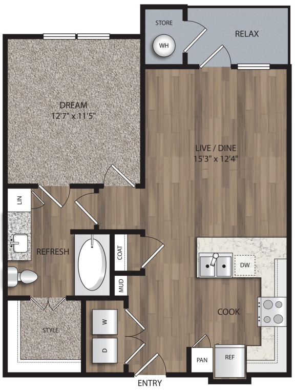 Floor Plan  1 bed 1 bath A1 Floor Plan at The Mill Old Town, Lewisville, TX