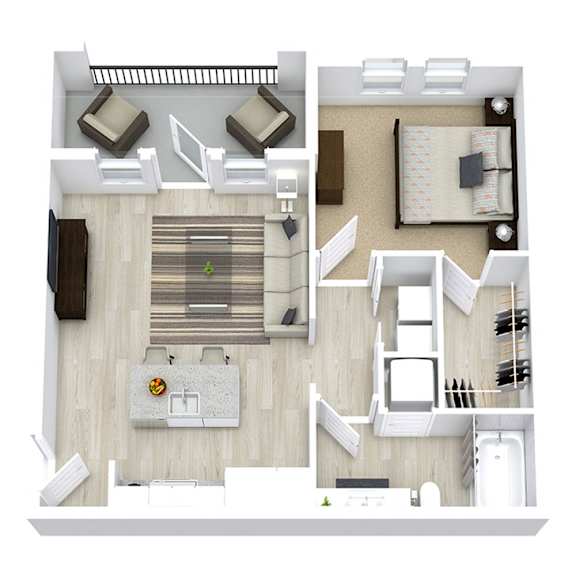 3D floor plan of one bedroom apartment layout at The Westerly Apartments, Midlothian, Texas