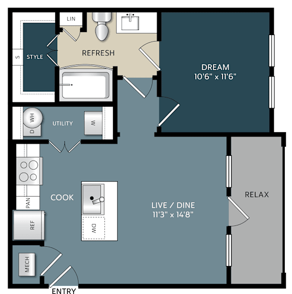 One bedroom one bathroom floor plan at The Bluewood Apartments, Kerrville, Texas