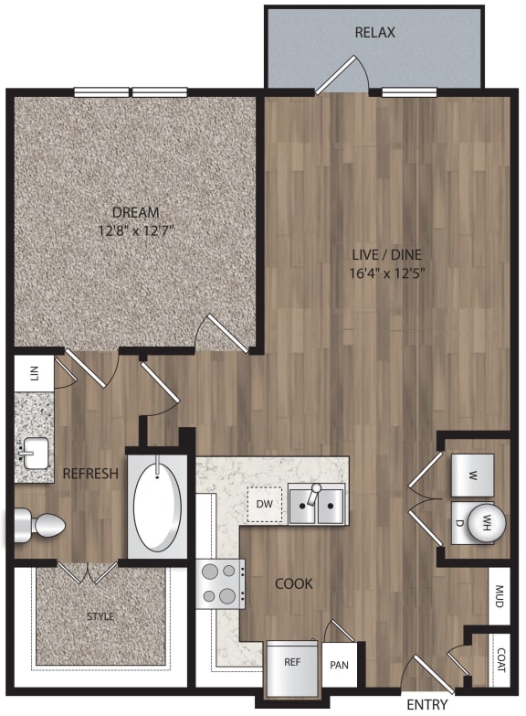 1 bed 1 bath A2 Floor Plan  at The Mill Old Town, Lewisville, 75057