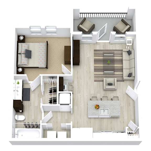 One bedroom 3D floor plan layout at The Westerly Apartments, Midlothian