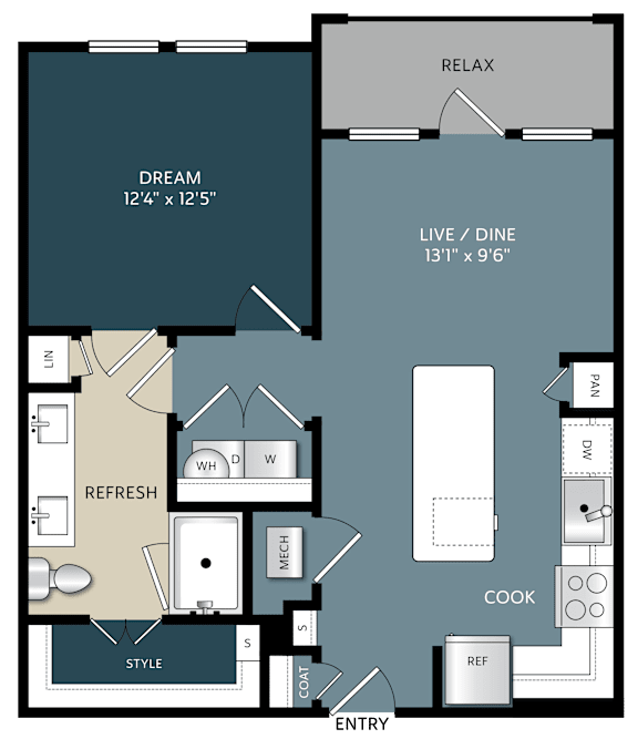 One bedroom apartment floor plan at The Bluewood Apartments, Kerrville
