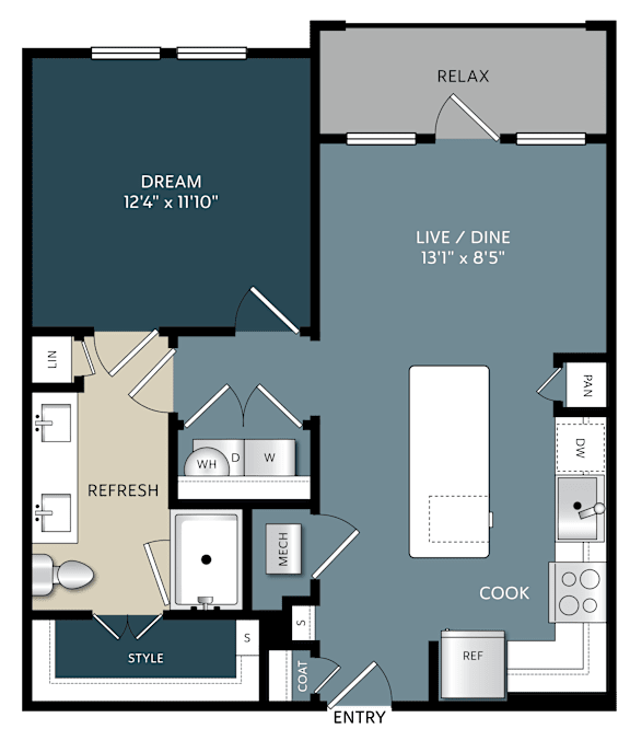 A floor plan of a house with labeled rooms such as RELAX, DREAM, LIVE/DINE, REFRESH, COOK, STYLE, and ENTRY.