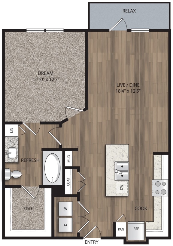 Floor Plan  1 bed 1 bath A3 Floor Plan at The Mill Old Town, Lewisville Texas