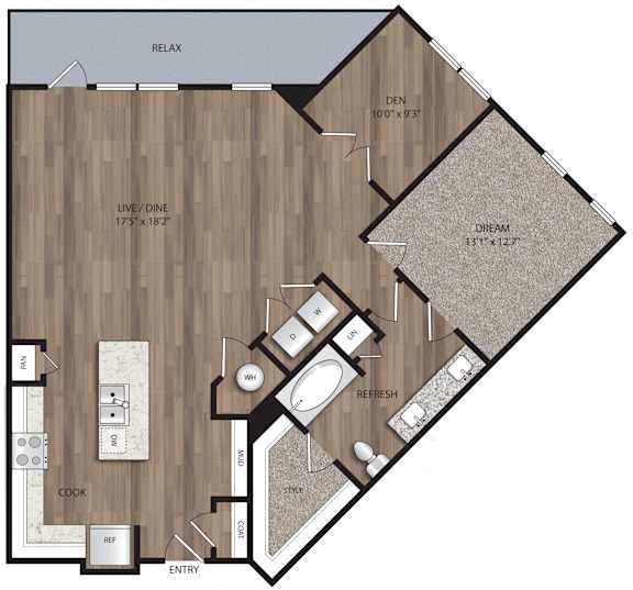 Floor Plan  A floor plan of a house with a living room, dining room, kitchen, and bathroom.