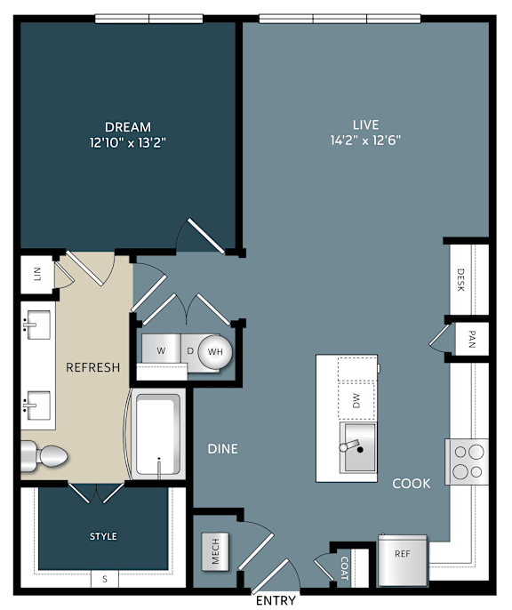 Two bedroom two bathroom floor plan layout at The Bluewood Apartments, Kerrville, TX