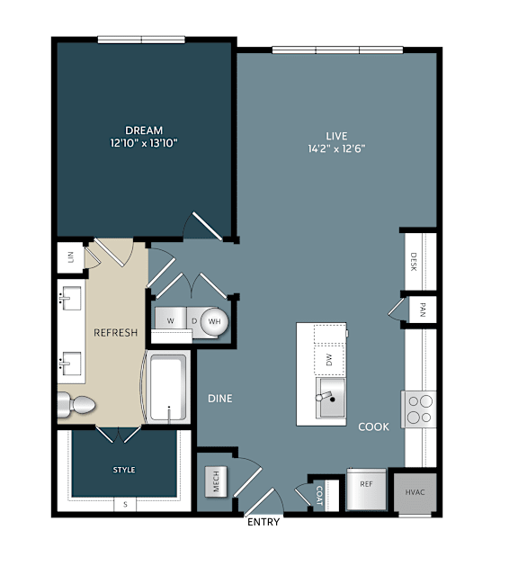 Two bedroom floor plan layout at The Bluewood Apartments, Kerrville, 78028