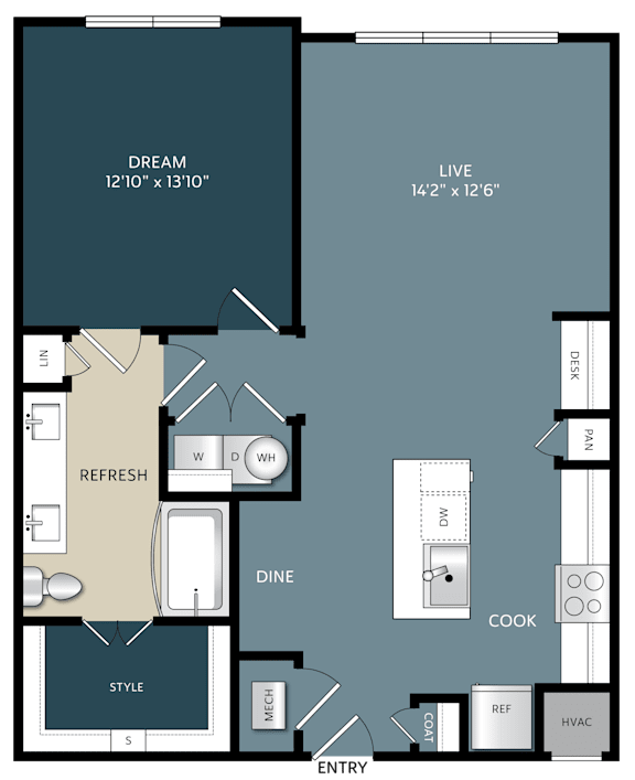 Two bedroom apartment floor plan layout at The Bluewood Apartments, Kerrville, Texas