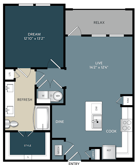 A5 one-bedroom apartment floor plan at The Bluewood