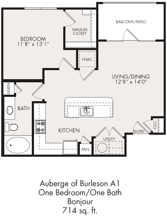 Floor Plan  A floor plan of a one bedroom apartment with a bathroom.
