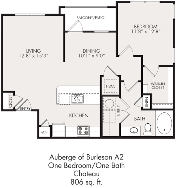Floor Plan  A floor plan for a one bedroom/one bath apartment.