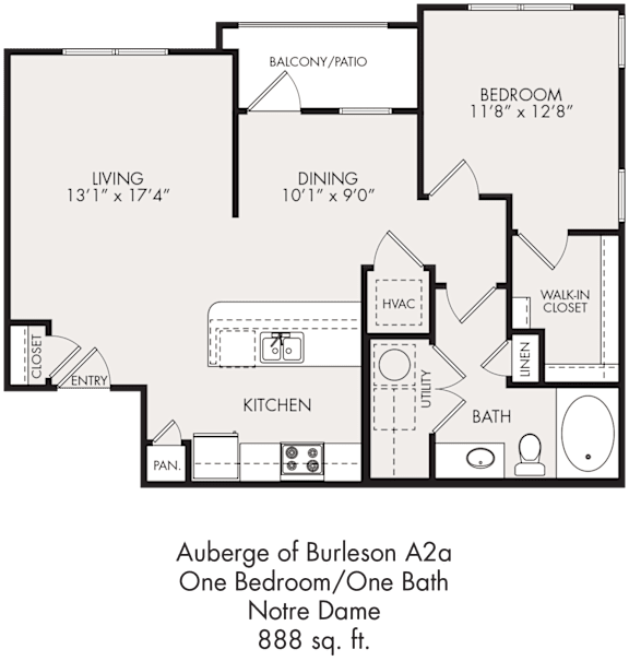 Floor Plan  A floor plan for a one bedroom/one bath apartment at Auberge of Burleson.