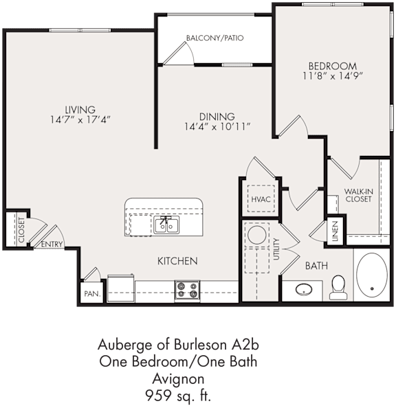 Floor Plan  A floor plan for an Auberge of Burleson A2b showing a one bedroom/one bath Avignon.