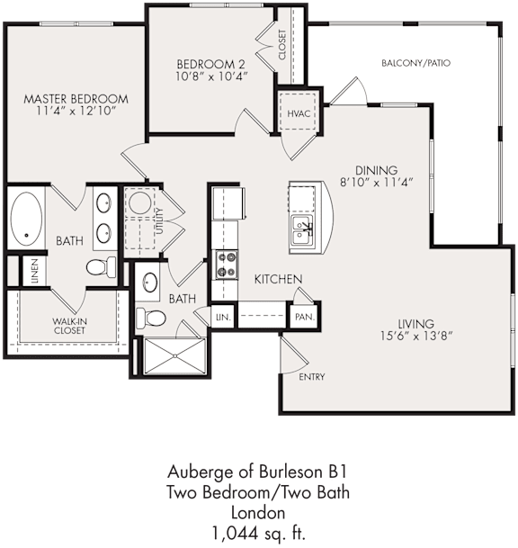 Floor Plan  A floor plan of a two bedroom apartment with a living room, kitchen, and bathrooms.