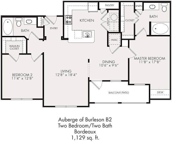 Floor Plan  A floor plan of a two bedroom, two bath auberge of burleson B2.