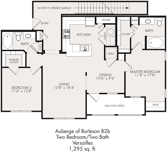 Floor Plan  A floor plan of a two bedroom, two bath auberge of burleson B2b.