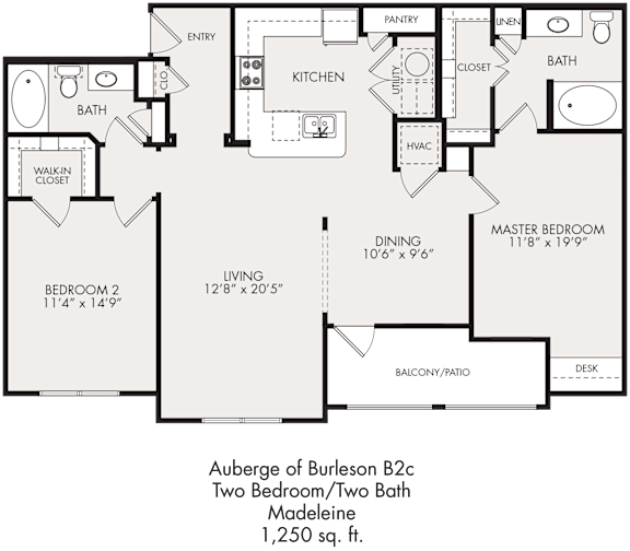 Floor Plan  A floor plan of a two bedroom, two bath auberge.