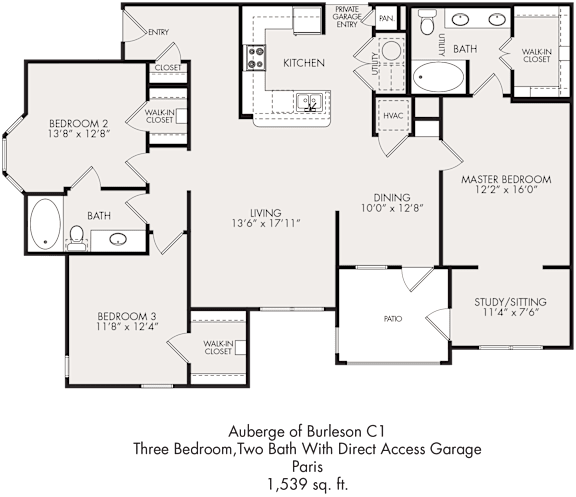 Floor Plan  A floor plan of a three bedroom apartment with two bathrooms.