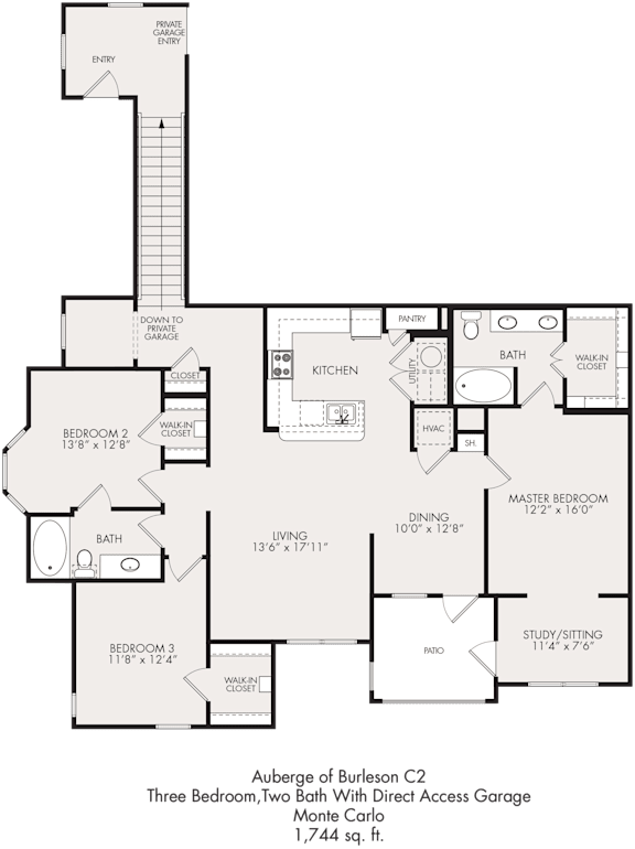 Floor Plan  A floor plan of a three bedroom apartment with a two bath.
