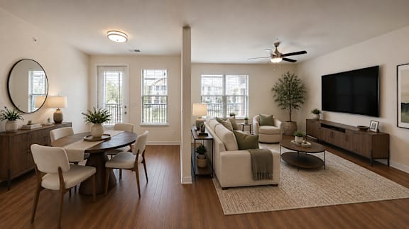 A living room with a wooden floor and furniture.