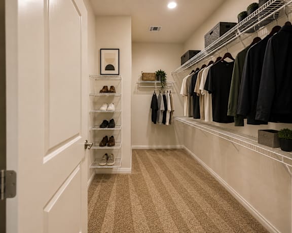 Spacious walk-in closet with built-in shelving and hanging storage at Auberge of Tyler.