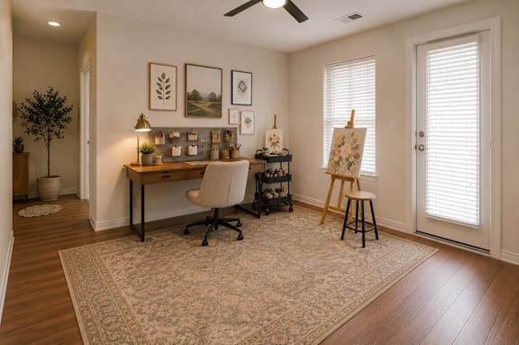 A room with a desk, chair, and art supplies.