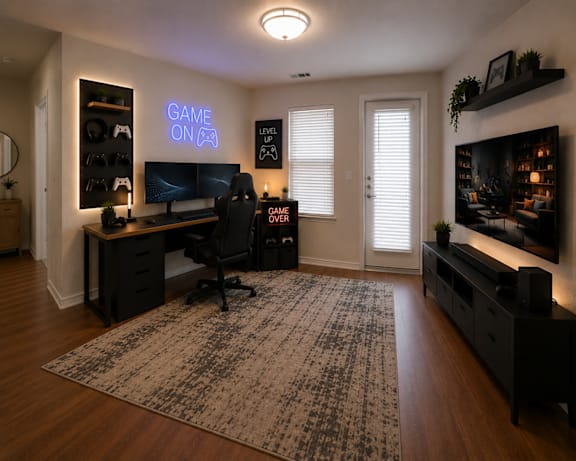 A room with a desk and a chair with a computer on it.