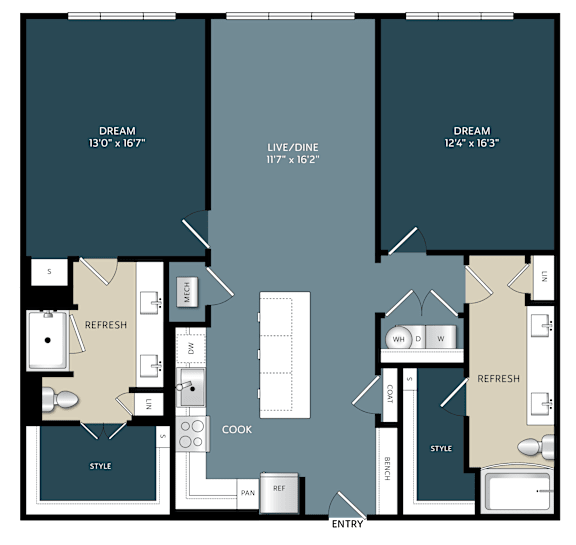2 bedroom 2 bathroom apartment floor plan at The Bluewood Apartments, Texas, 78028