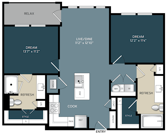 2 bed 2 bath floor plan at The Bluewood Apartments, Kerrville, TX 78028