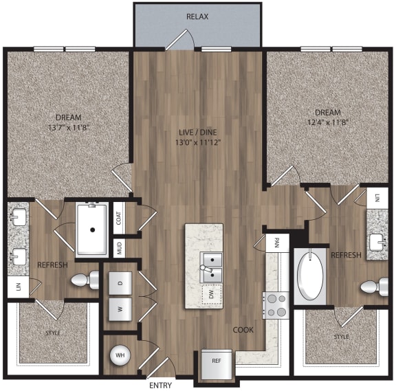 Floor Plan  2 bed 2 bath B1 Floor Plan at The Mill Old Town, Lewisville