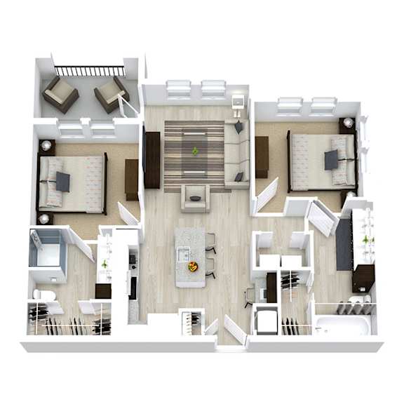 Two bedroom 3D floor plan with balcony at The Westerly Apartments, Texas, 76065