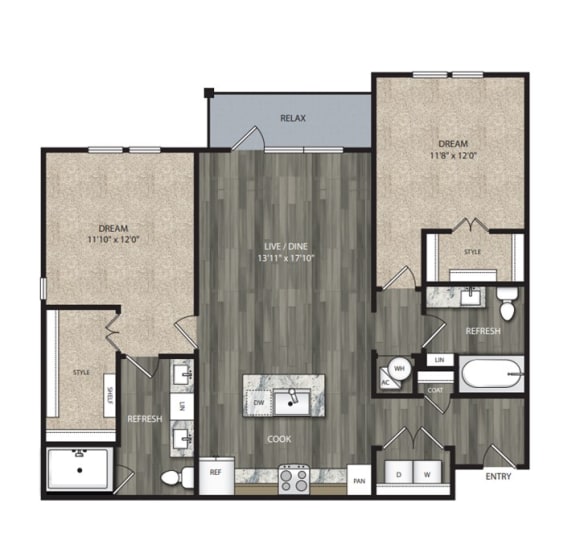 B2 1,142 Sq.Ft. Floor Plan at One Preston Station Apartments, J Street, Celina, TX, 75009