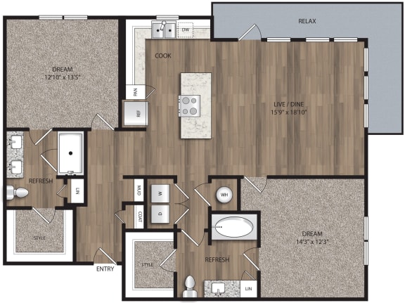 2 bed 2 bath B3 Floor Plan at The Mill Old Town, Lewisville, 75057