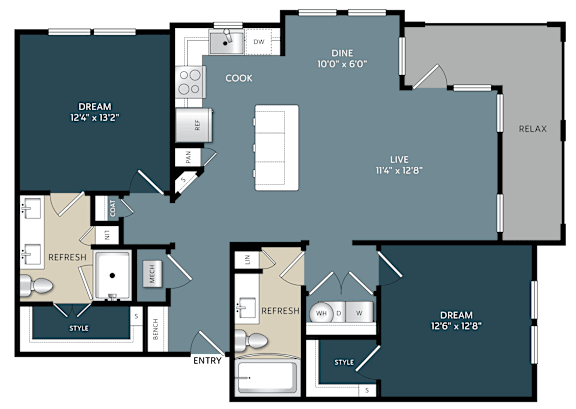Two bedroom two bathroom apartment floor plan at The Bluewood Apartments, Kerrville, TX