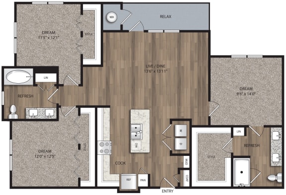 3 bed 2 bath C1 Floor Plan at The Mill Old Town, Lewisville, TX